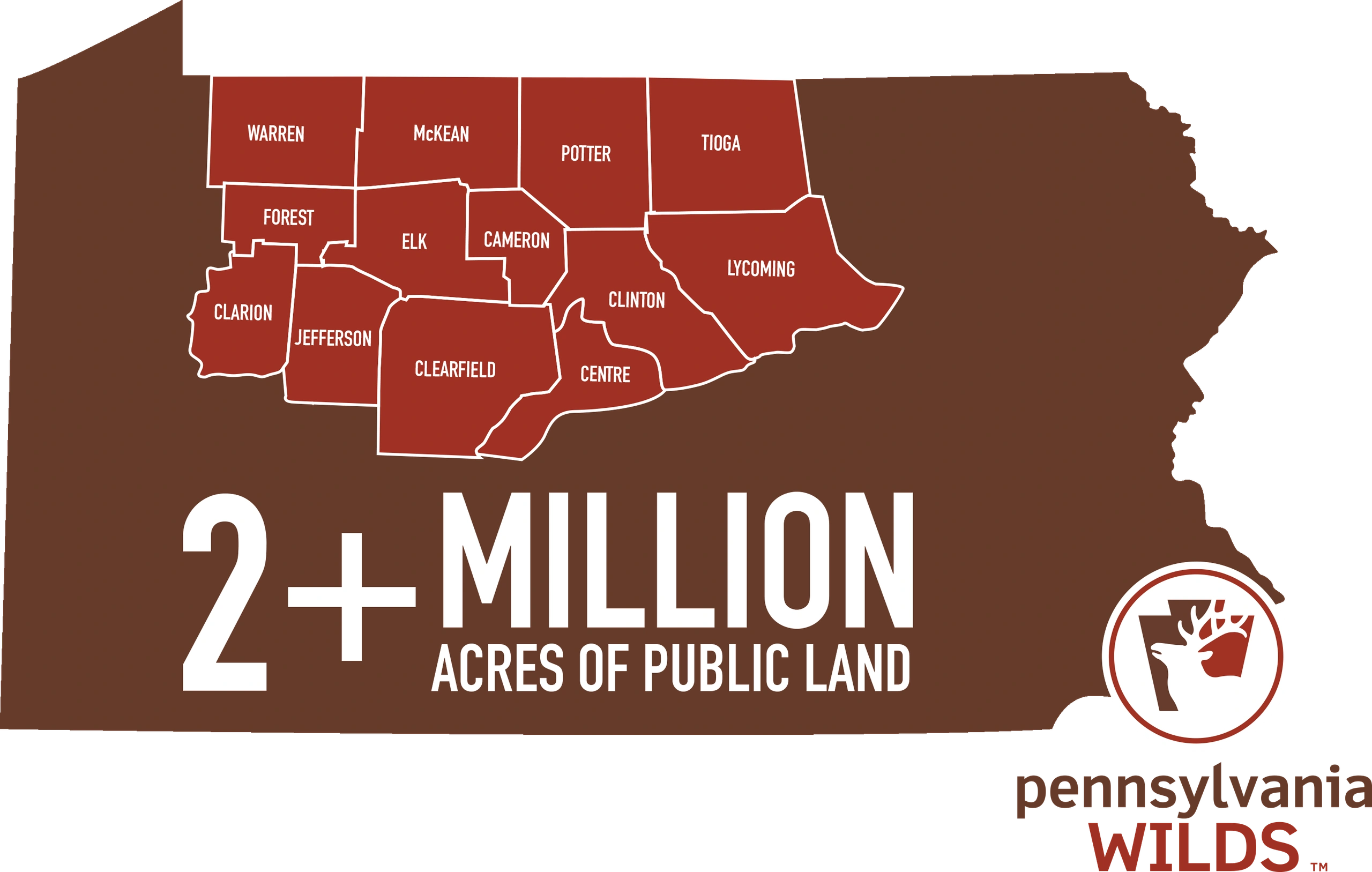 PA Wilds map showing 2+ million acres of public land in Pennsylvania
