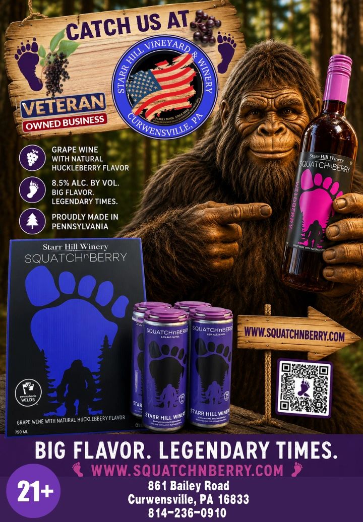 Squatch n Berry promotional poster Bigfoot wine veteran owned